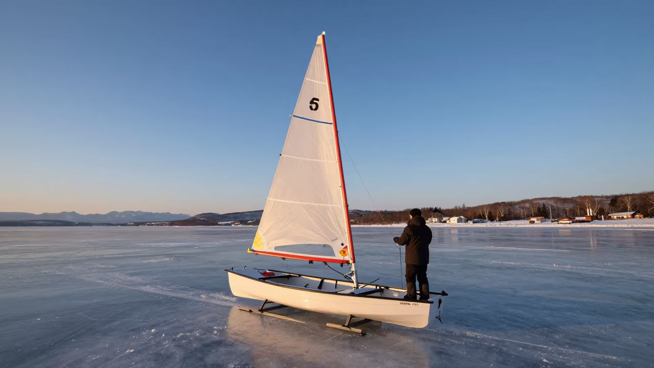 Iceboat Sailing Frozen Lake Sapporo Evening in along a beach near Sapporo