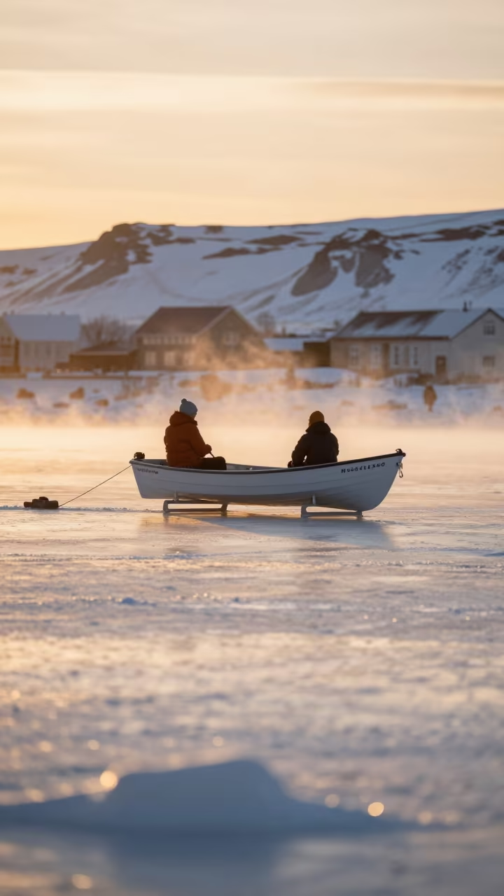Iceboat Sails Frozen Lake Winter Sunset Mist in near open fields near Laugavegur, Reykjavik