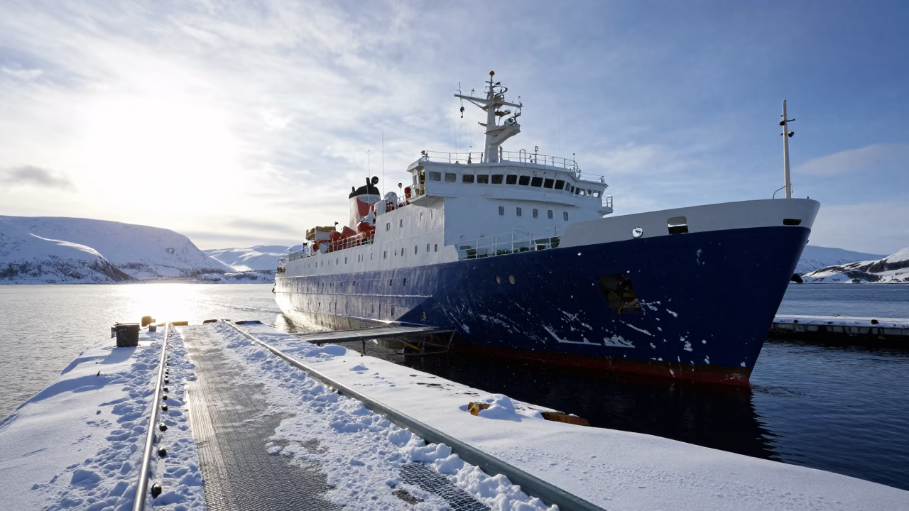 Icebreaker at Rest in Anchorage Harbor in along a switchback approach near Anchorage