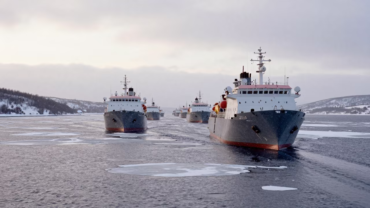 Icebreaker Convoy on Oslo Causeway Winter Morning in on a wind-open causeway near Oslo