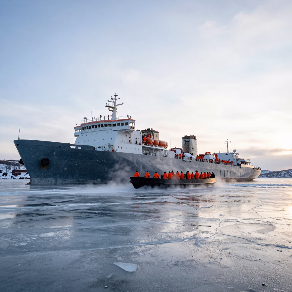 Icebreaker Convoy in Swedish Winter After Rain in in Sweden