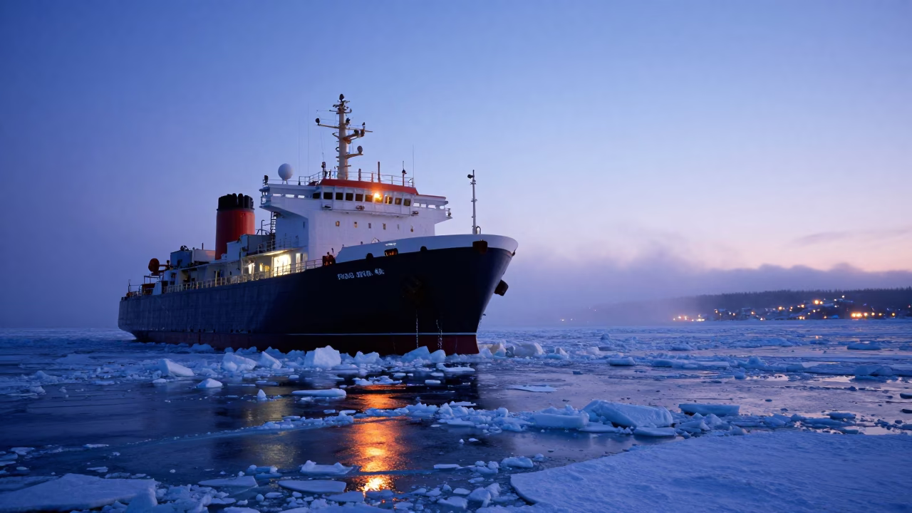Icebreaker Pushes Through Ice at Twilight Harbor in beside a fogbound harbor mouth in Tibet