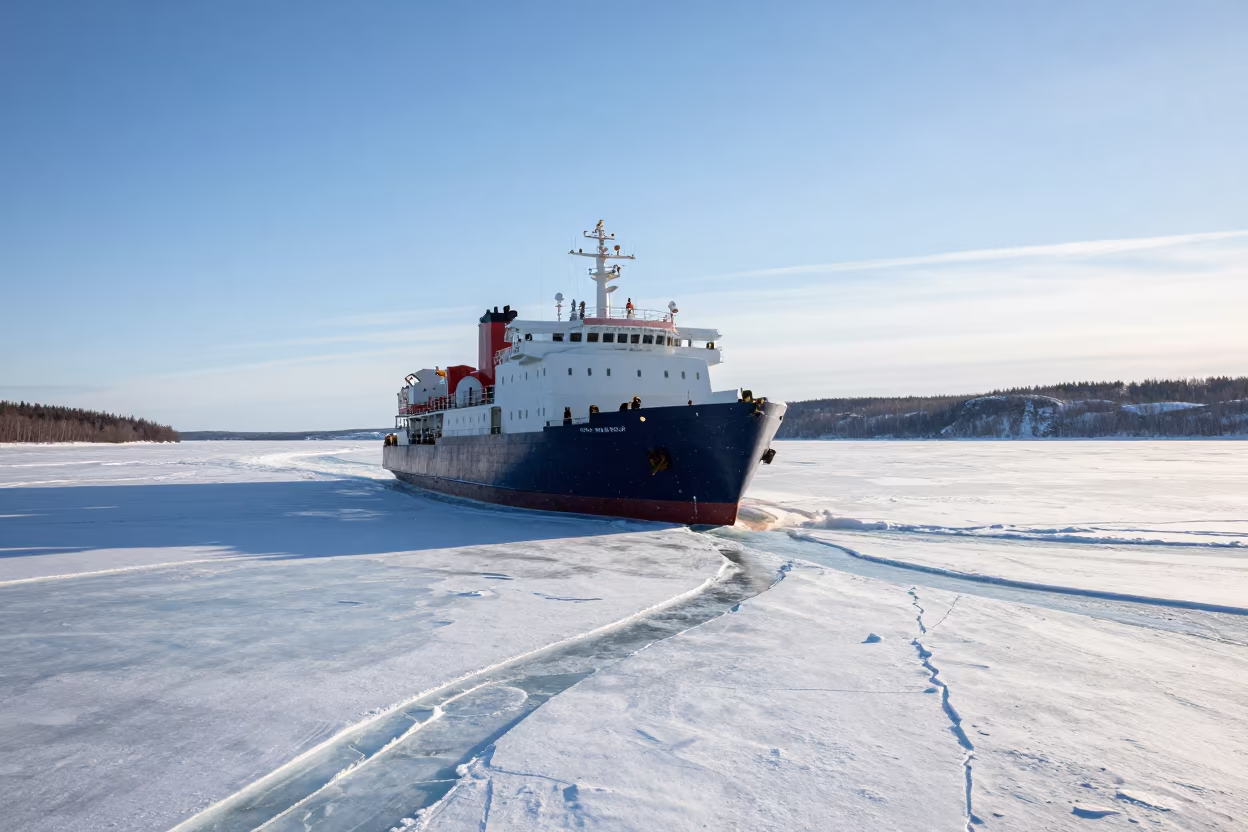 Icebreaker Pushing Through Sea Ice in Ontario in along a switchback approach in Ontario