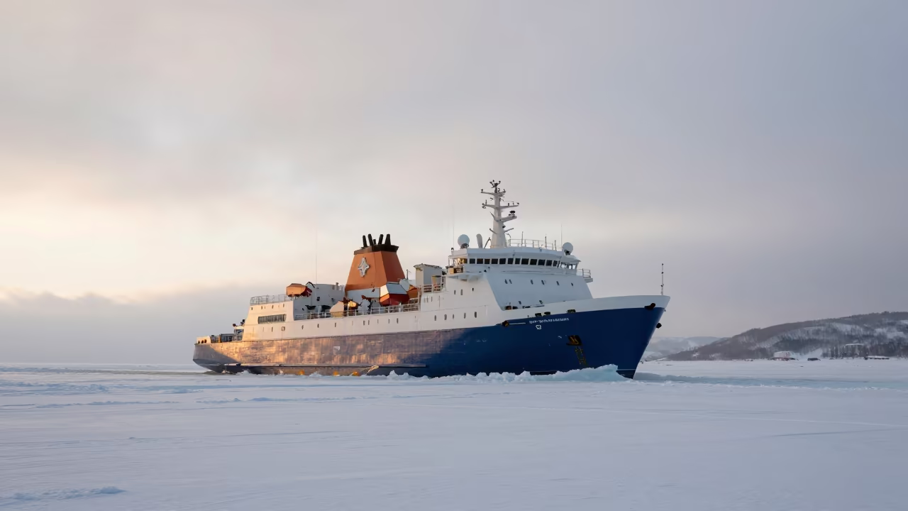 Icebreaker Ramming Through First-Year Ice Near Sapporo in near Sapporo