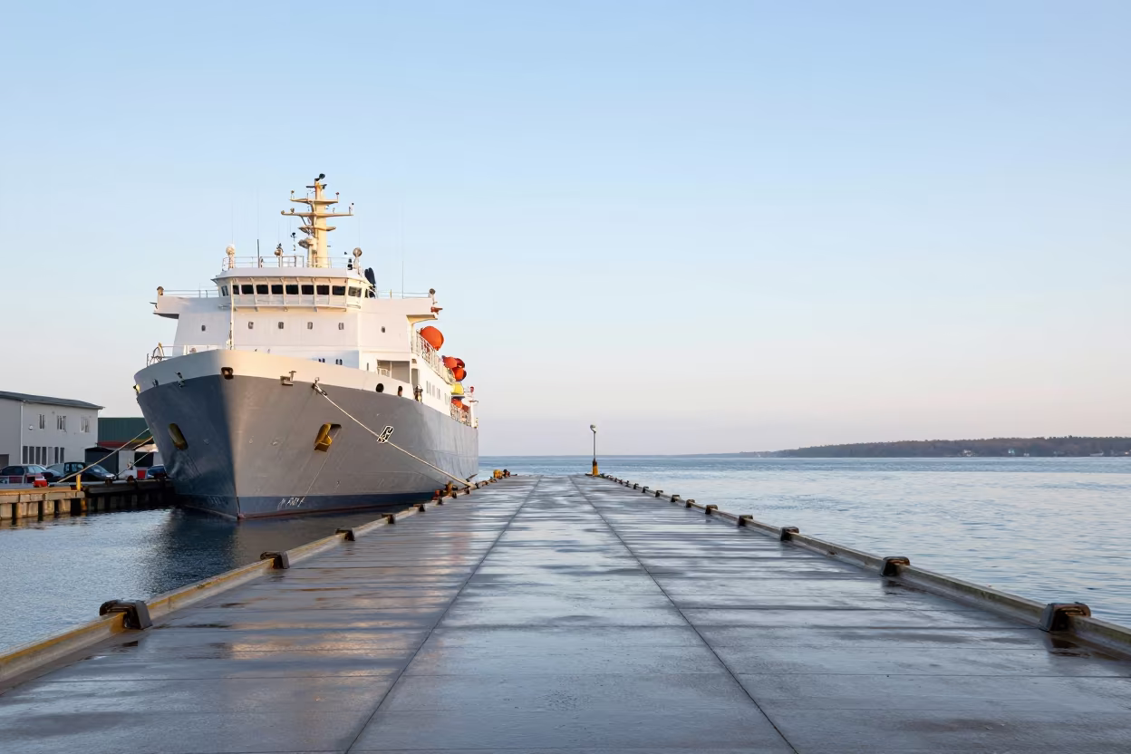 Icebreaker at Rest in Ontario Harbor After Rain in across a remote ferry crossing in Ontario