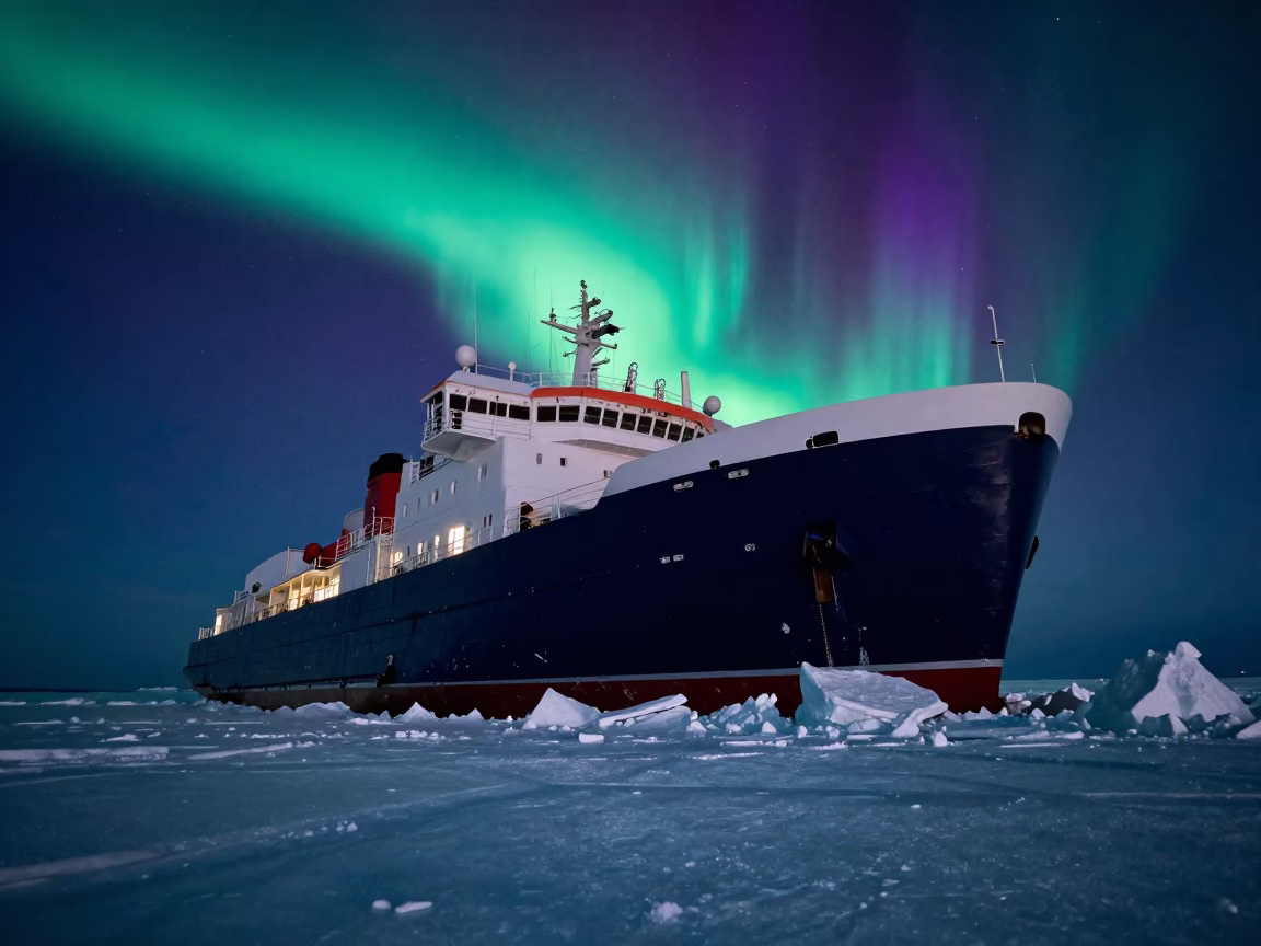 Icebreaker Ship Trapped in Arctic Pack Ice Under Northern Lights in under the clearest stretch of sky near Chinatown, Vancouver