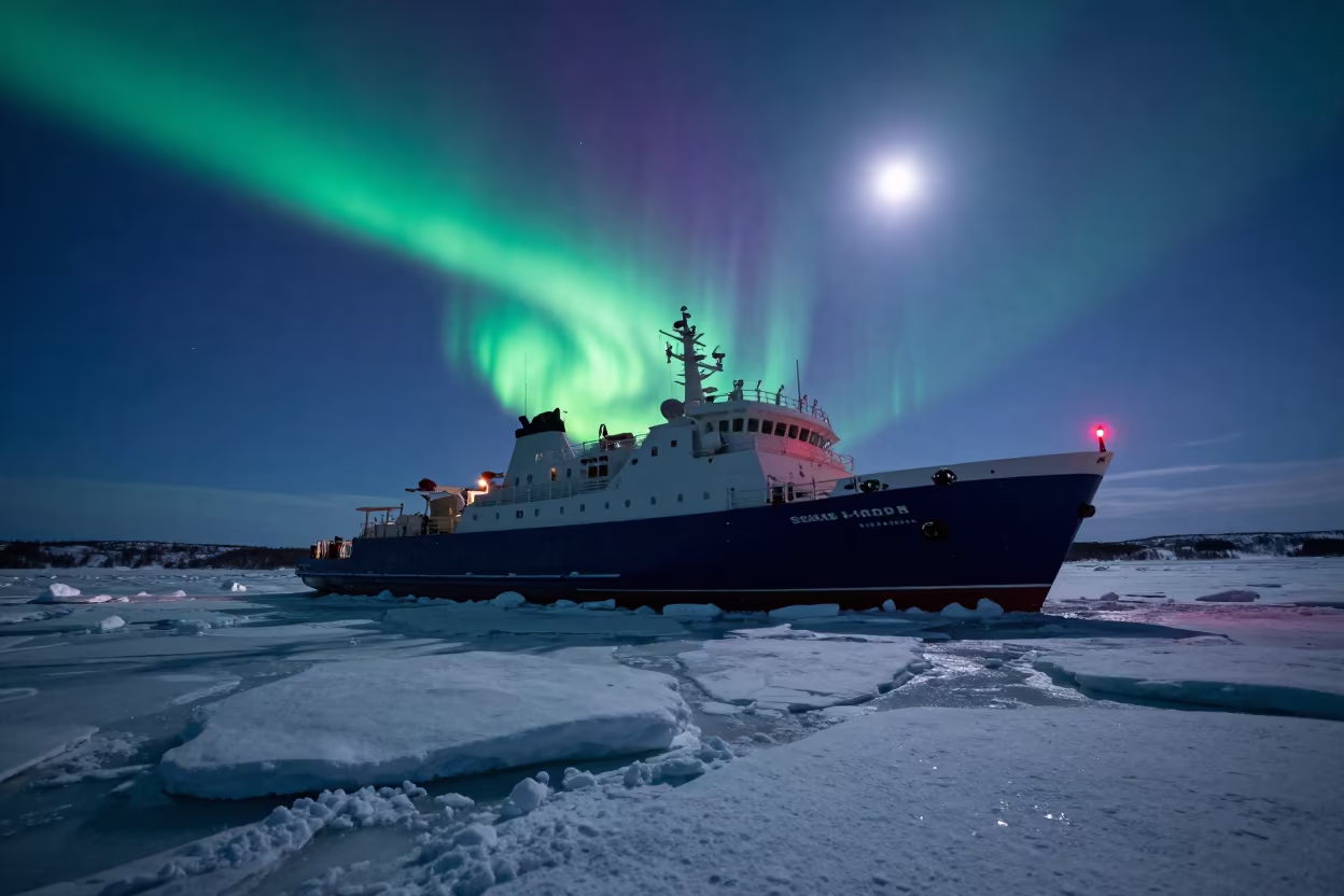 Icebreaker Trapped in Pack Ice Under Northern Lights in from a quiet alpine saddle near Rovaniemi