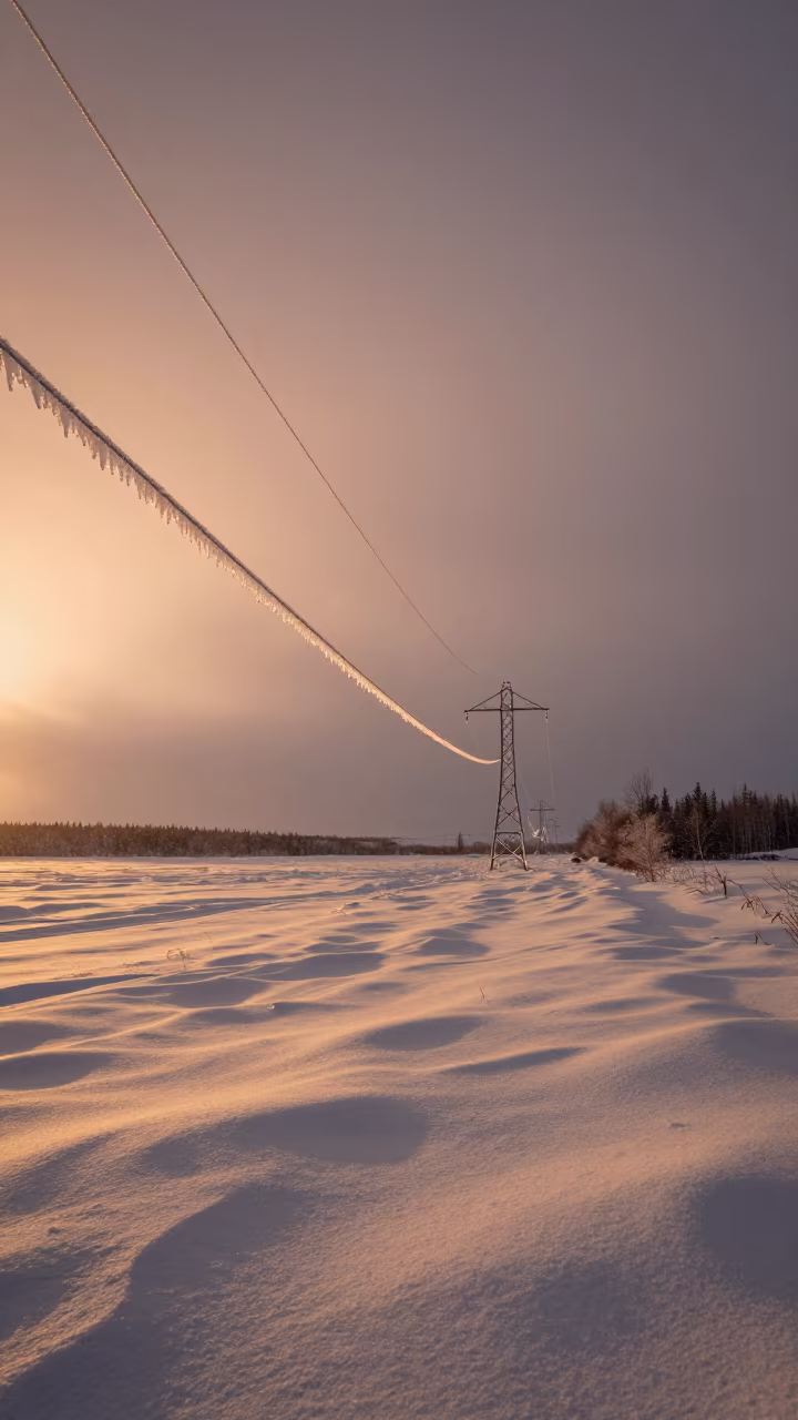 Iced Power Line in Copper Midnight Sun Light in across a storm-bright plain near Whitehorse