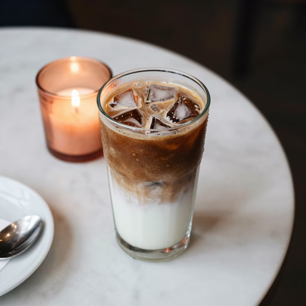 Iced Vietnamese Coffee on Marble in Cologne Cafe in on a marble cafe table in Cologne