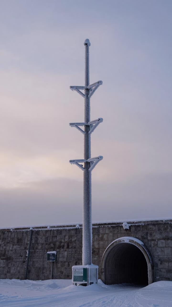 Iced Weather Station Mast and Tunnel Retaining Wall in Pre-Dawn Sapporo Japan in in Sapporo, Japan