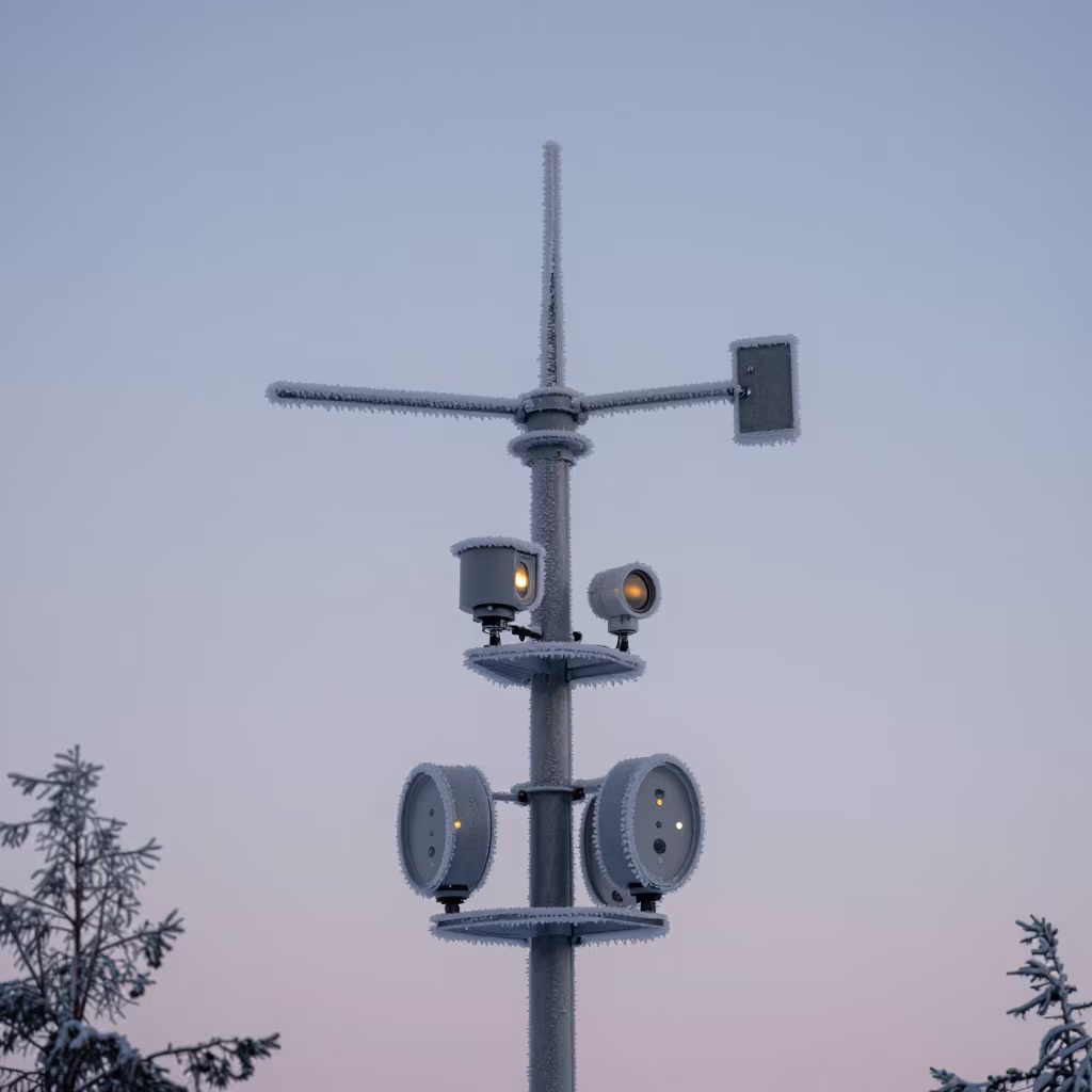 Iced Weather Station Mast in Arctic Helsinki Evening in in Kruununhaka, Helsinki