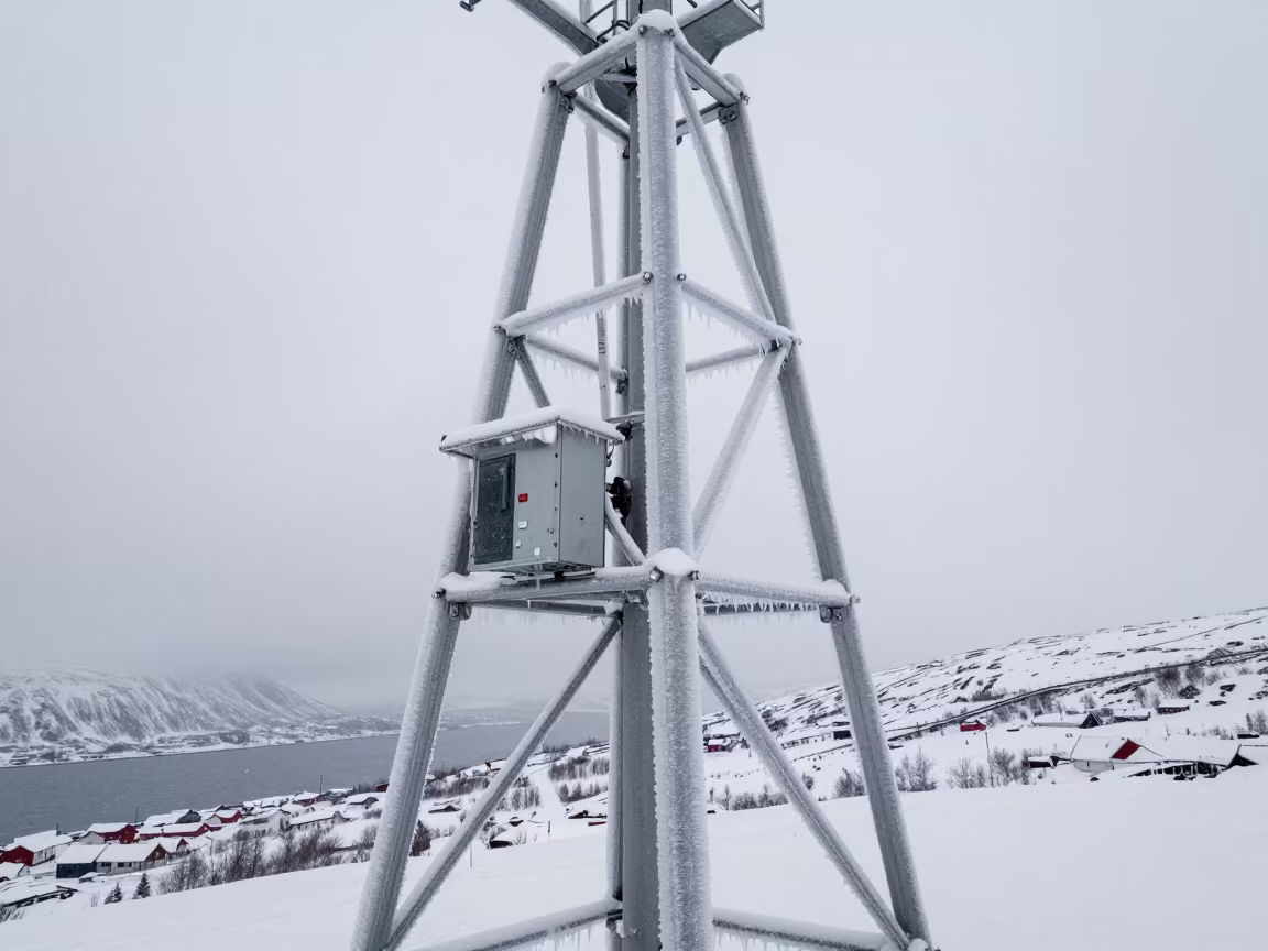 Iced Weather Station Mast in Arctic Summer Light in near Tromsø