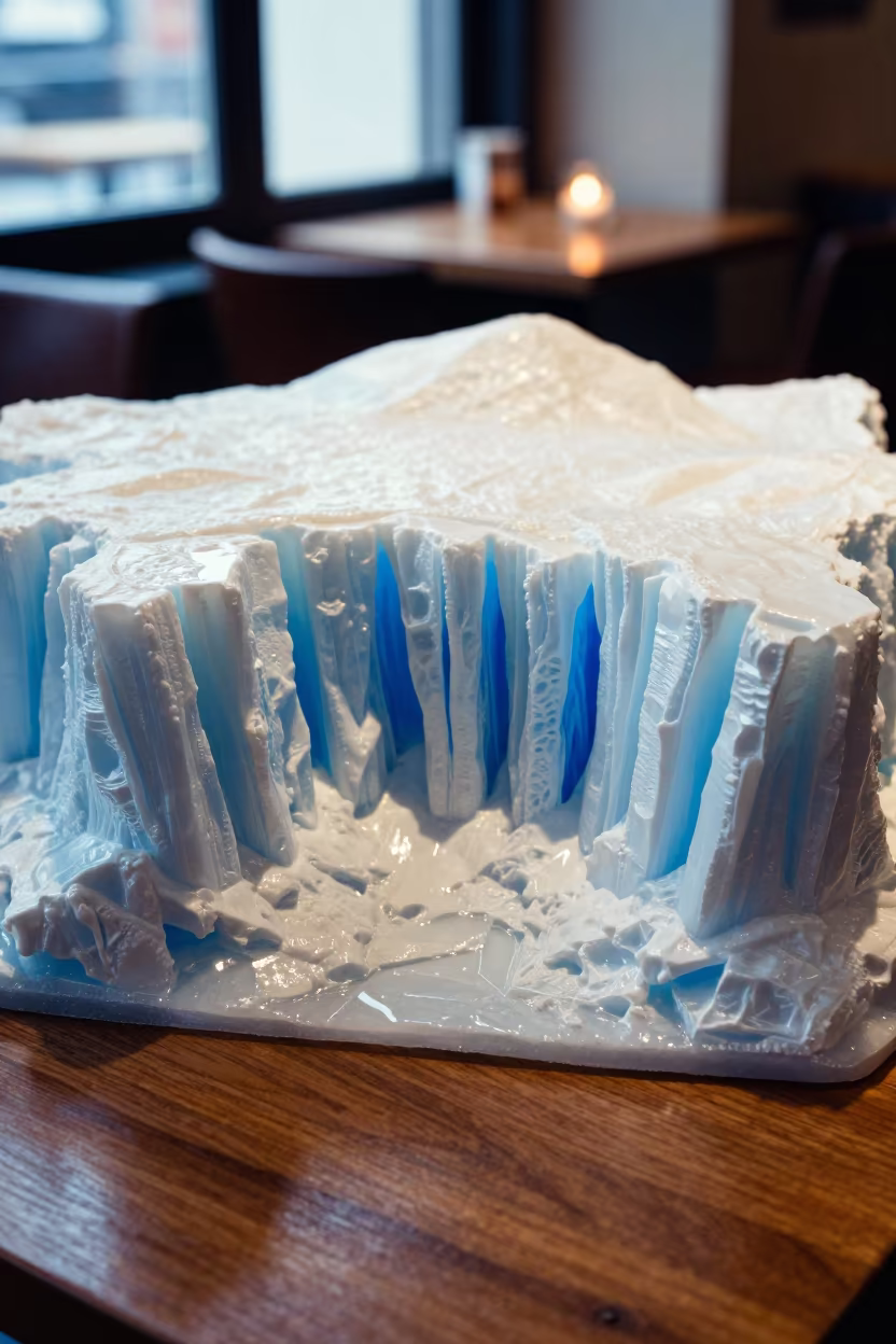 Icefall Serac Model on Cafe Table in on a cafe table by a window near Setif
