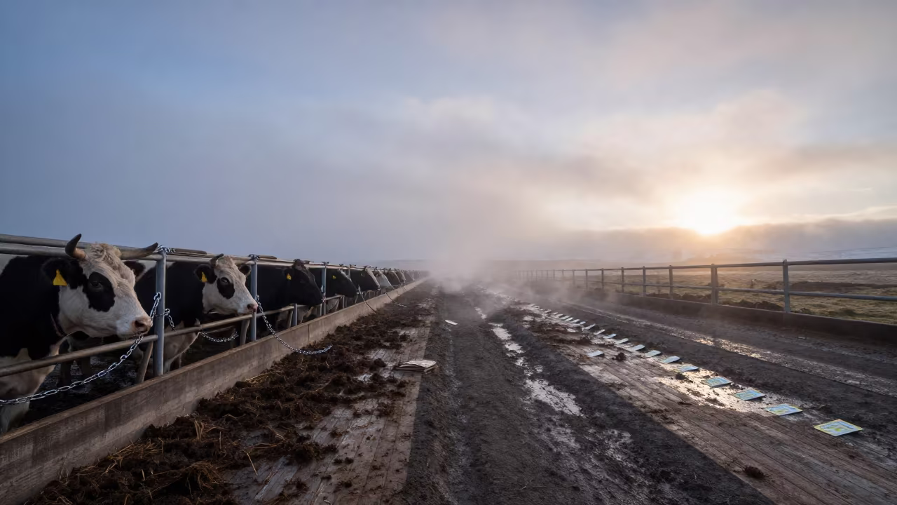 Iceland Cattle Morning Mist in Corral in inside a ranch corral in Iceland
