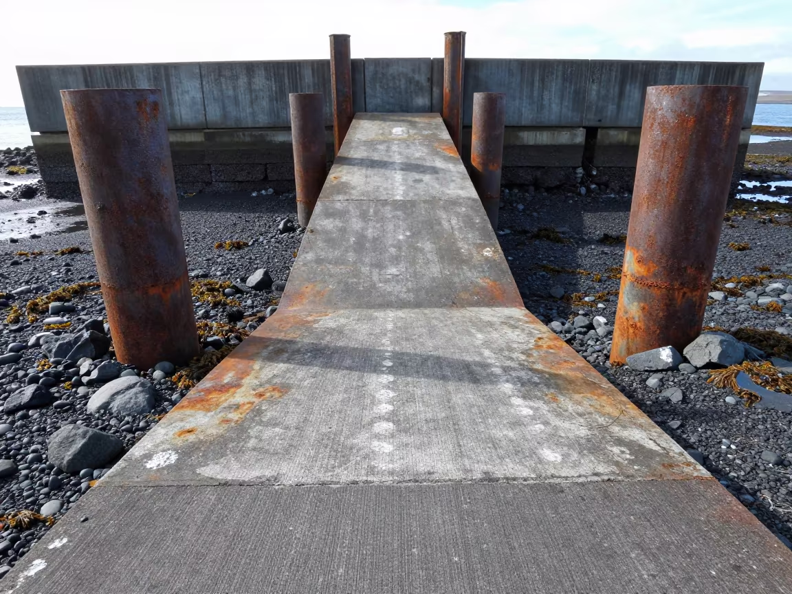 Iceland Ferry Ramp Piling System Low Tide in beside a storm surge barrier in Iceland