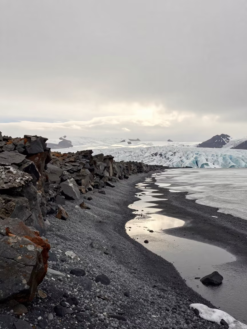 Iceland Moraine Wall at Dawn Light in along a wave-cut shoreline in Iceland