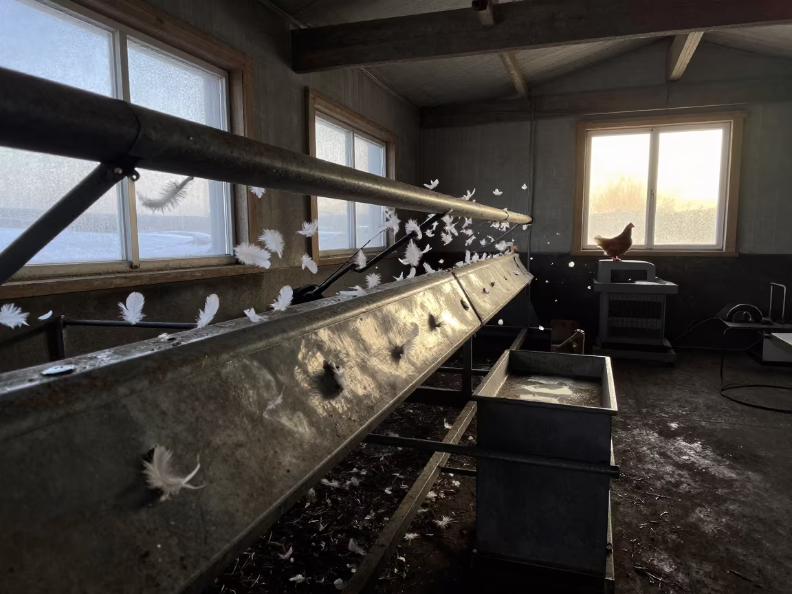 Iceland Poultry House Feed Lines Silhouetted in beside a veterinary crush in a barn in Iceland