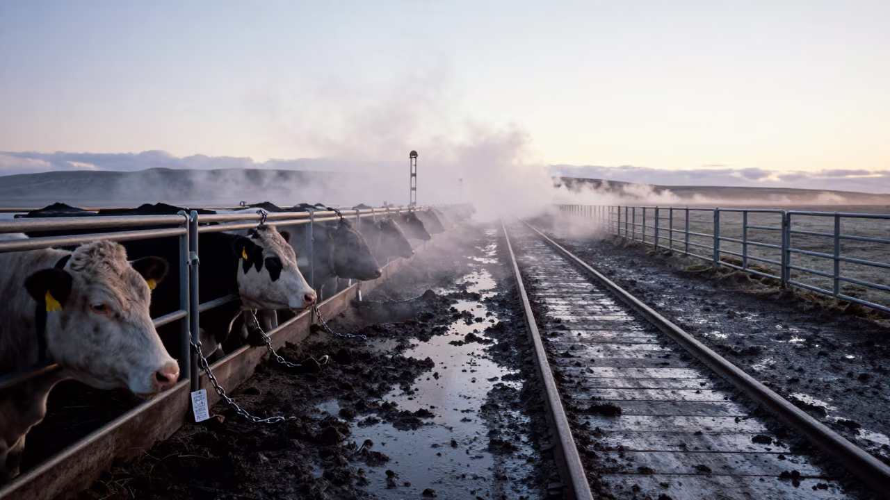 Icelandic Feedlot Dawn with Cattle Pen and Mud in along a feedlot lane in Iceland