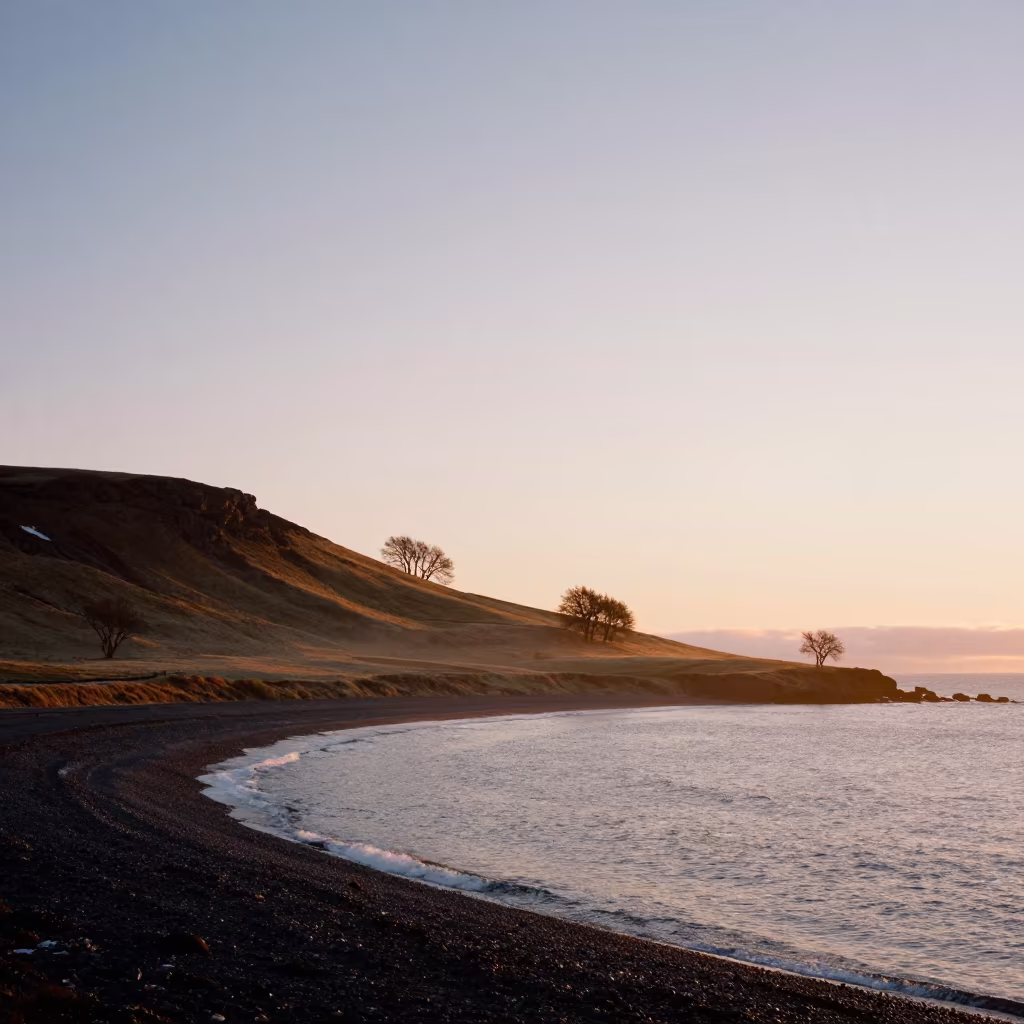 Icelandic Hills and Oaks at Sunset in along a wave-cut shoreline in Iceland
