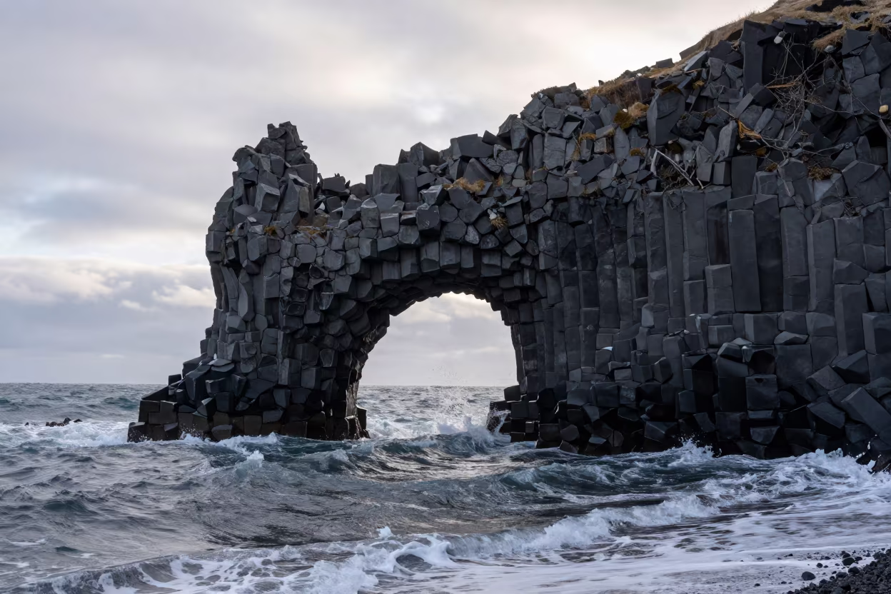 Icelandic Sea Arch Winter Morning Waves in along a wave-cut shoreline in Iceland