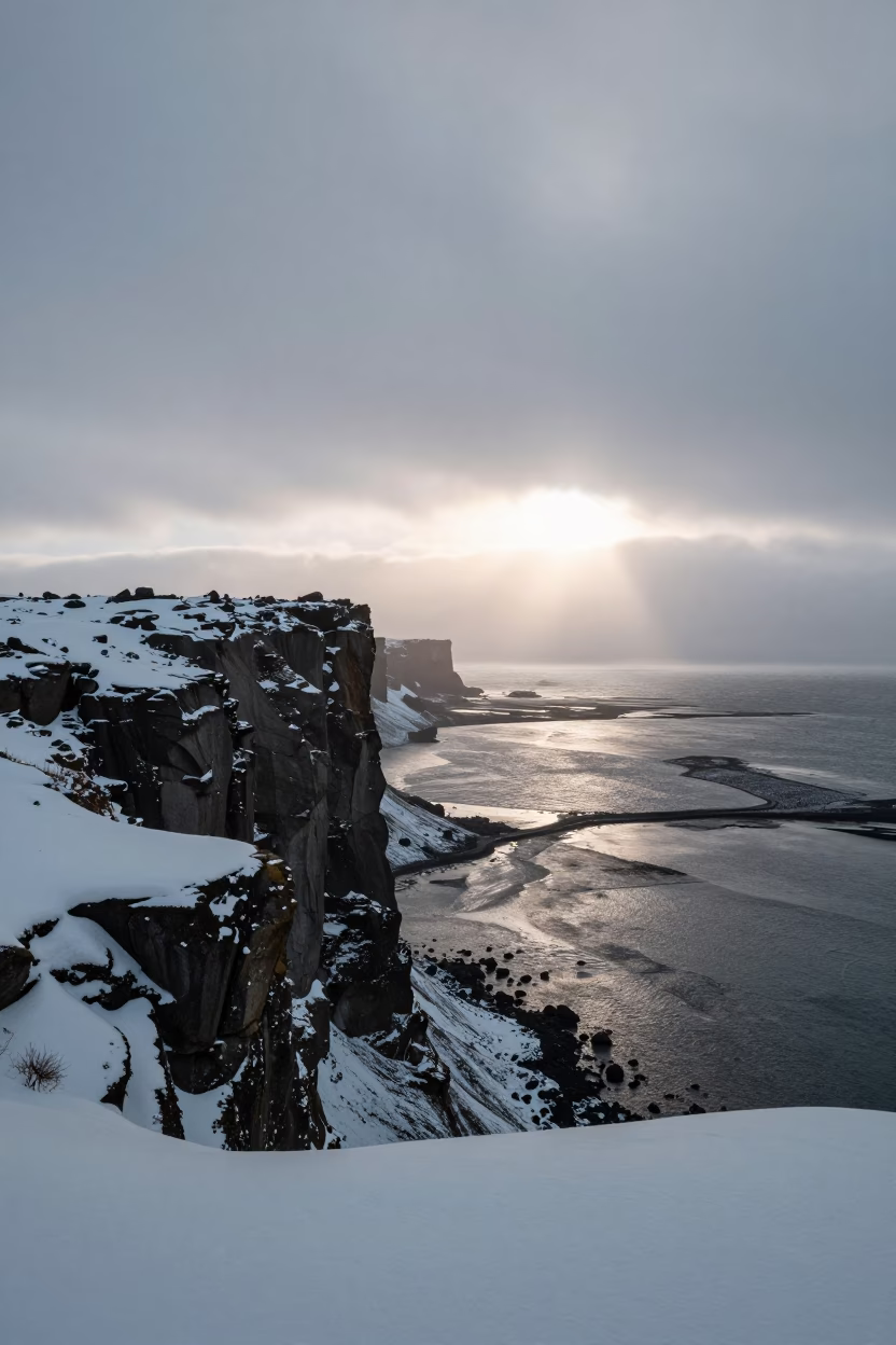 Icelandic Sea Cliff at Dawn With Snow and Storm Clouds in across a floodplain after rain in Iceland