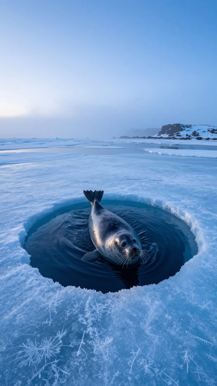 Icelandic Seal Through Blue Ice Hole at Dawn in above a cold-water reef edge in Iceland