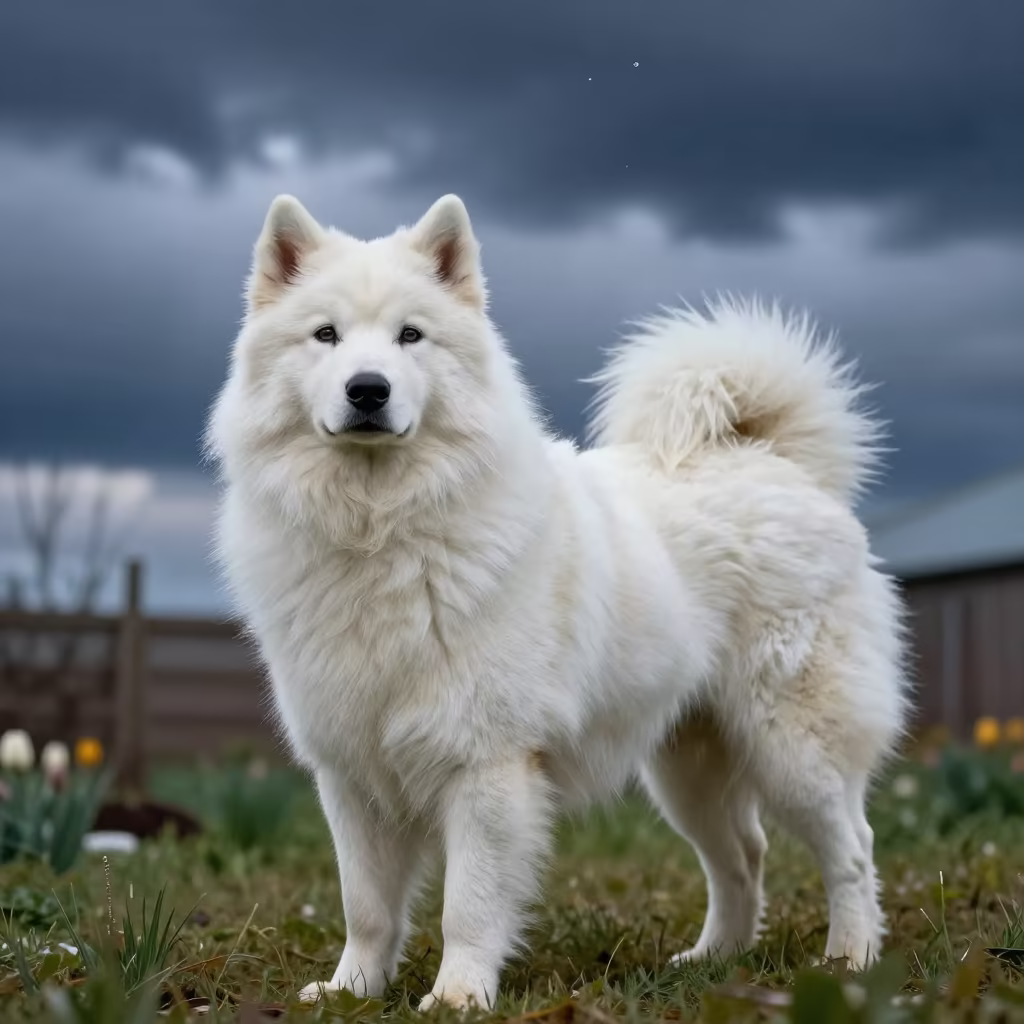 Icelandic Sheepdog in Alexandria Garden at Night in near a garden edge with soft morning light and an uncluttered background in Alexandria