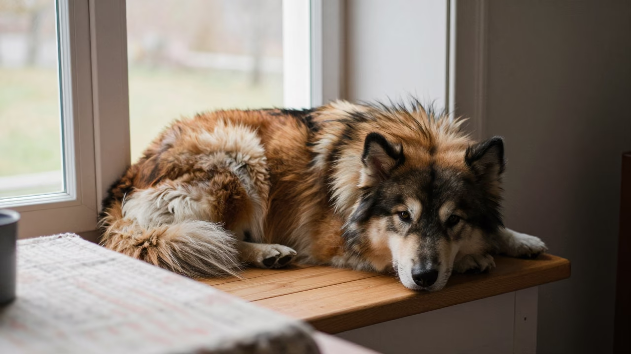 Icelandic Sheepdog on Window Seat in Kozan in on a window seat in a quiet apartment with soft side light in Kozan