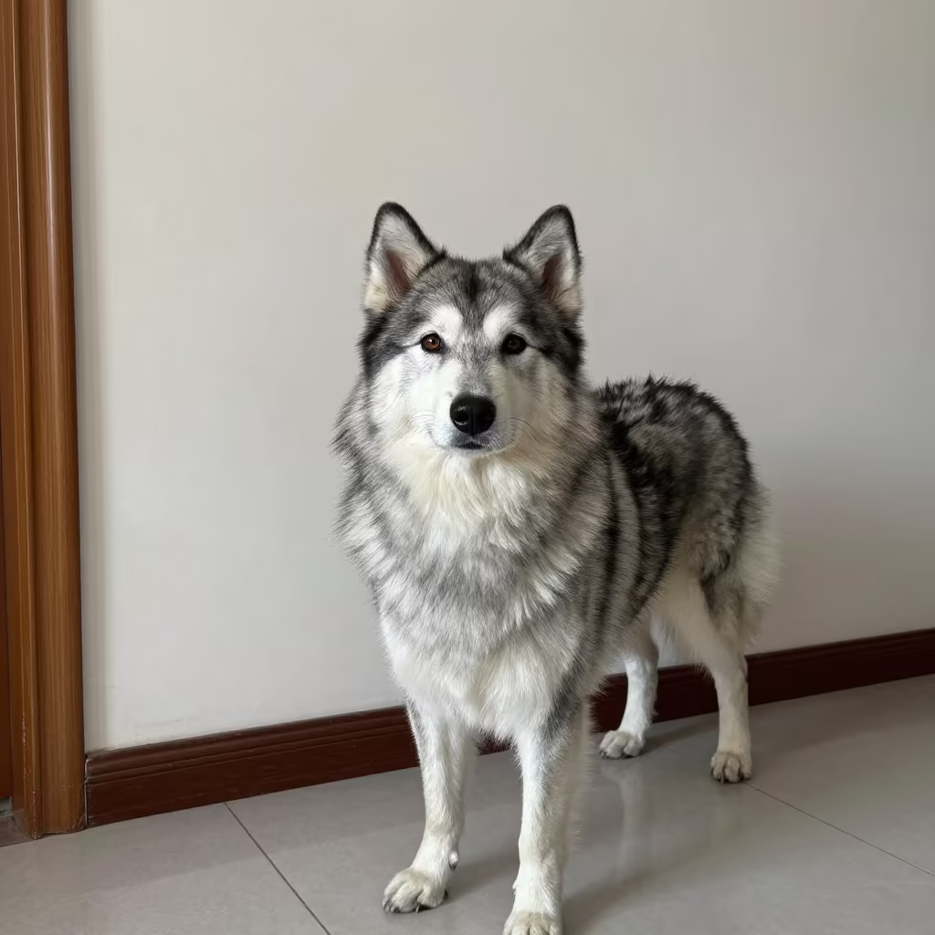 Icelandic Sheepdog Portrait in Hohhot Room in beside a plain plaster wall in soft indoor light with the animal centered in frame in Hohhot
