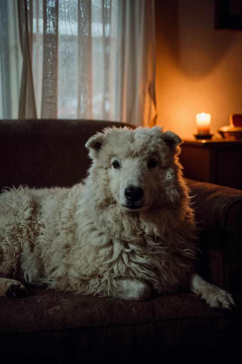 Icelandic Sheepdog Portrait in Yangon Candlelight in on a sofa near a curtained window with calm indoor light in Yangon