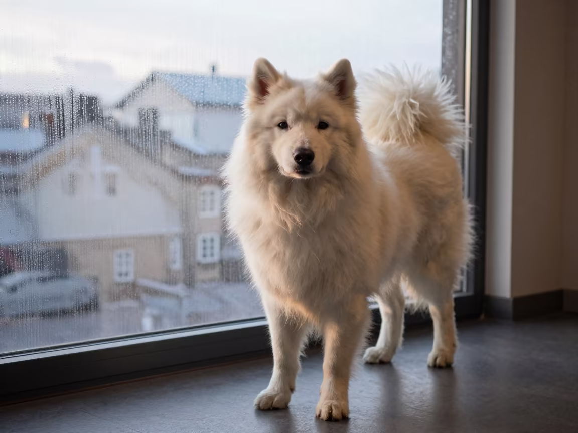 Icelandic Sheepdog Portrait Near Window in Daegu in on a sofa near a curtained window with calm indoor light in Daegu