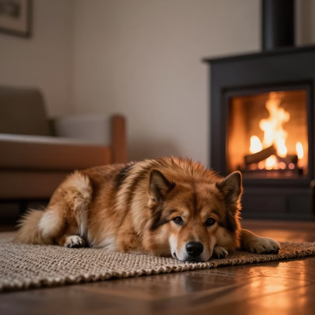 Icelandic Sheepdog Resting on Rug in Firelight in on a woven rug beside a low couch and an uncluttered wall near Tauranga