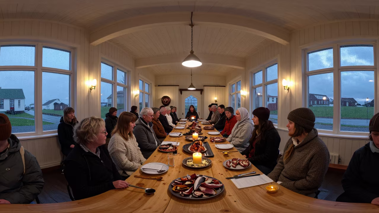 Icelandic Thorrablot Feast in Méagui Hall in in a ceremonial hall near Méagui