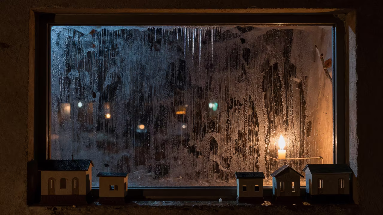 Icicles Hang Over Candlelit Room With Tiny Buildings in beside a rain-streaked window in Raqqa