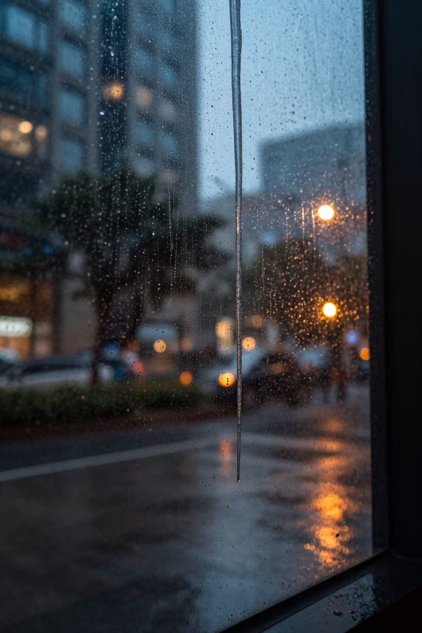 Icicles on Shenzhen Window with Candlelight Interior in beside a rain-streaked window in Shenzhen