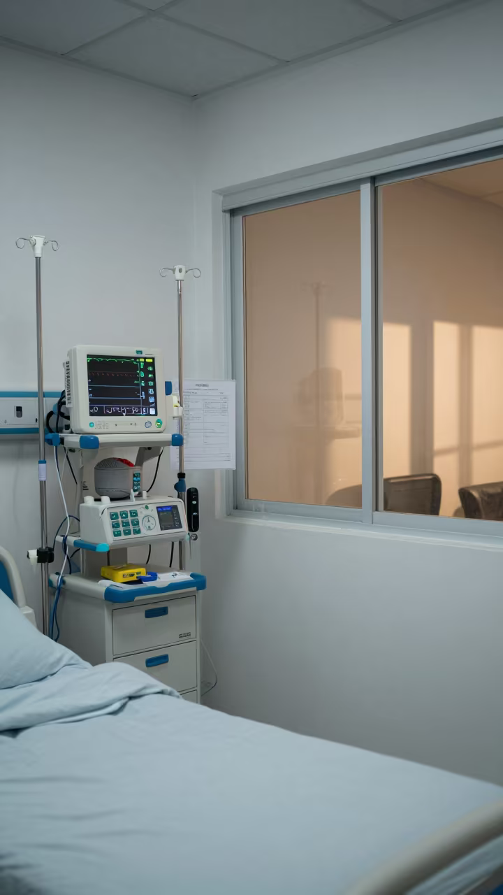 ICU Room Under Monitor Glow Before Rounds in inside an imaging suite in Bilaspur