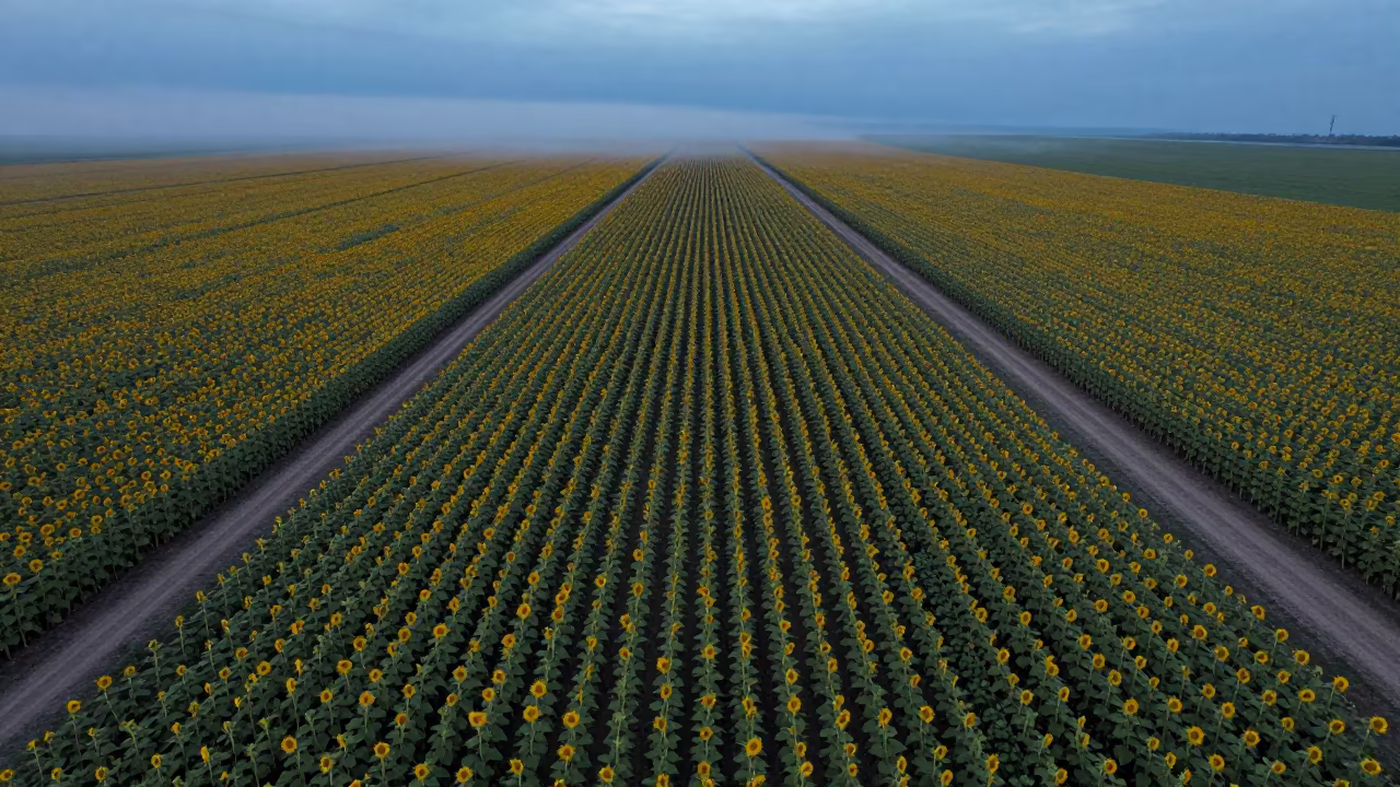 Idaho Sunflower Fields Twilight Aerial View in in Idaho