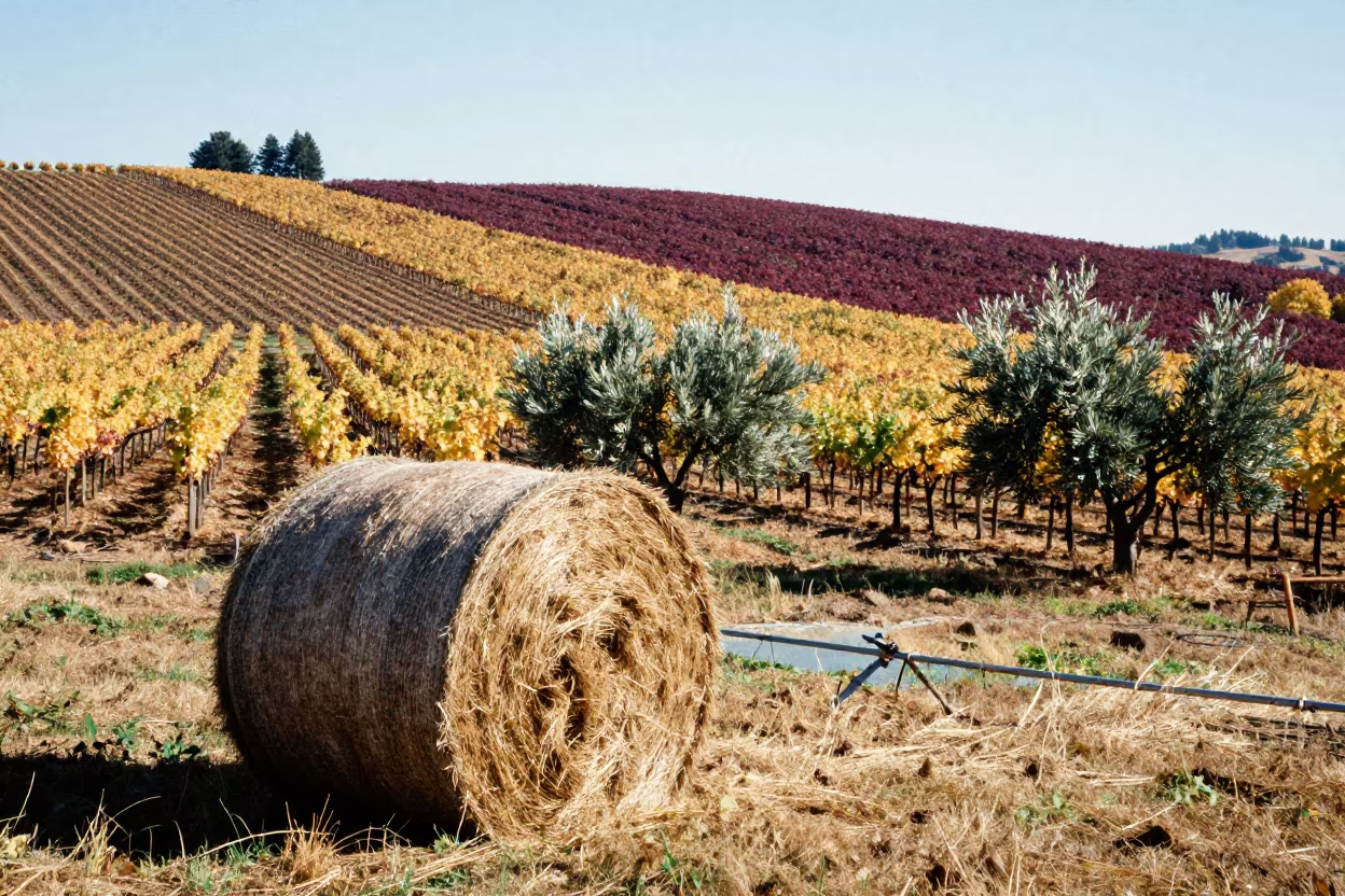Idaho Vineyard and Olive Grove Autumn Gold in beside stacked hay bales in Idaho