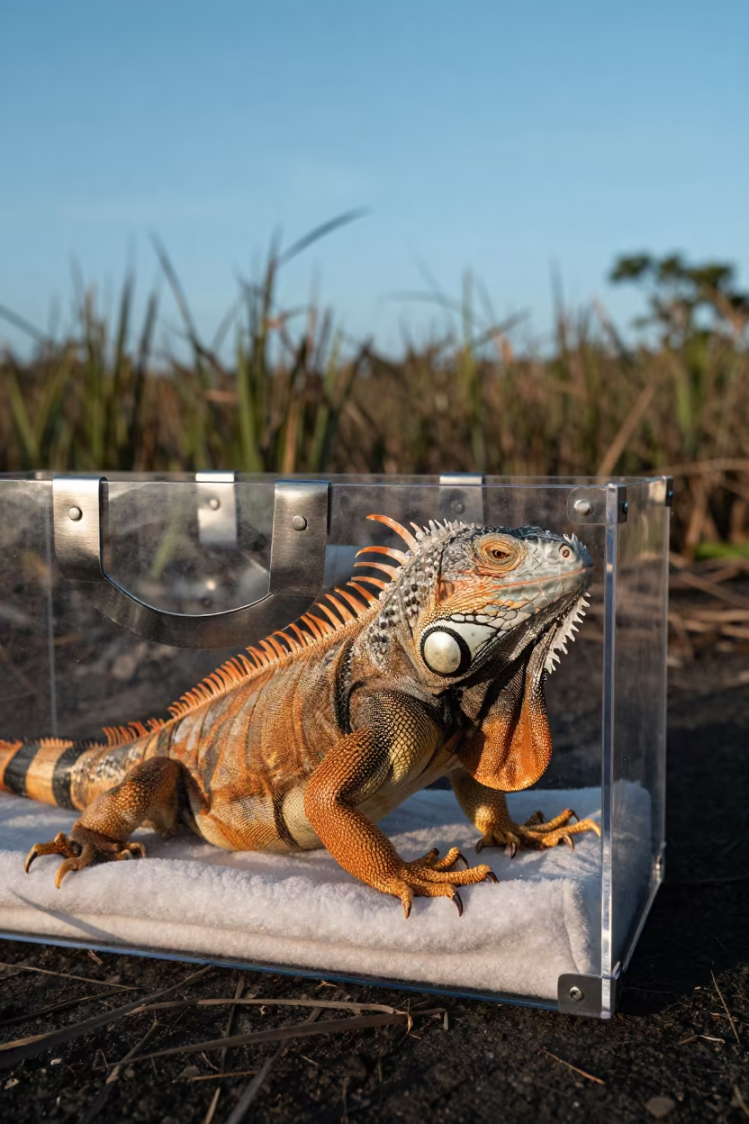 Iguana Soaking in Acrylic Tote Near Costa Rica Reeds in at the edge of a reed bed in Costa Rica