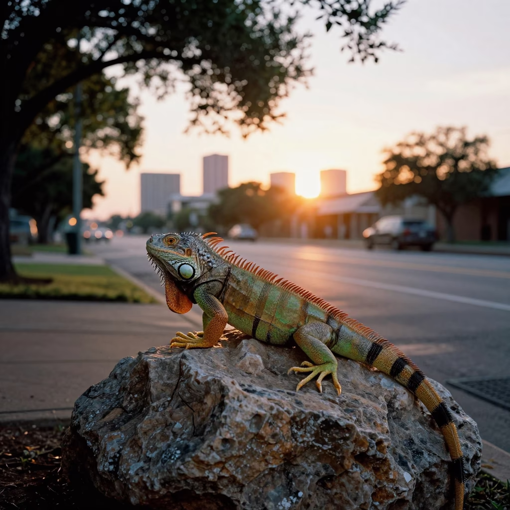 Iguana Sunning on Rock in Austin Texas Sunset Street Scene in in Austin, Texas, United States