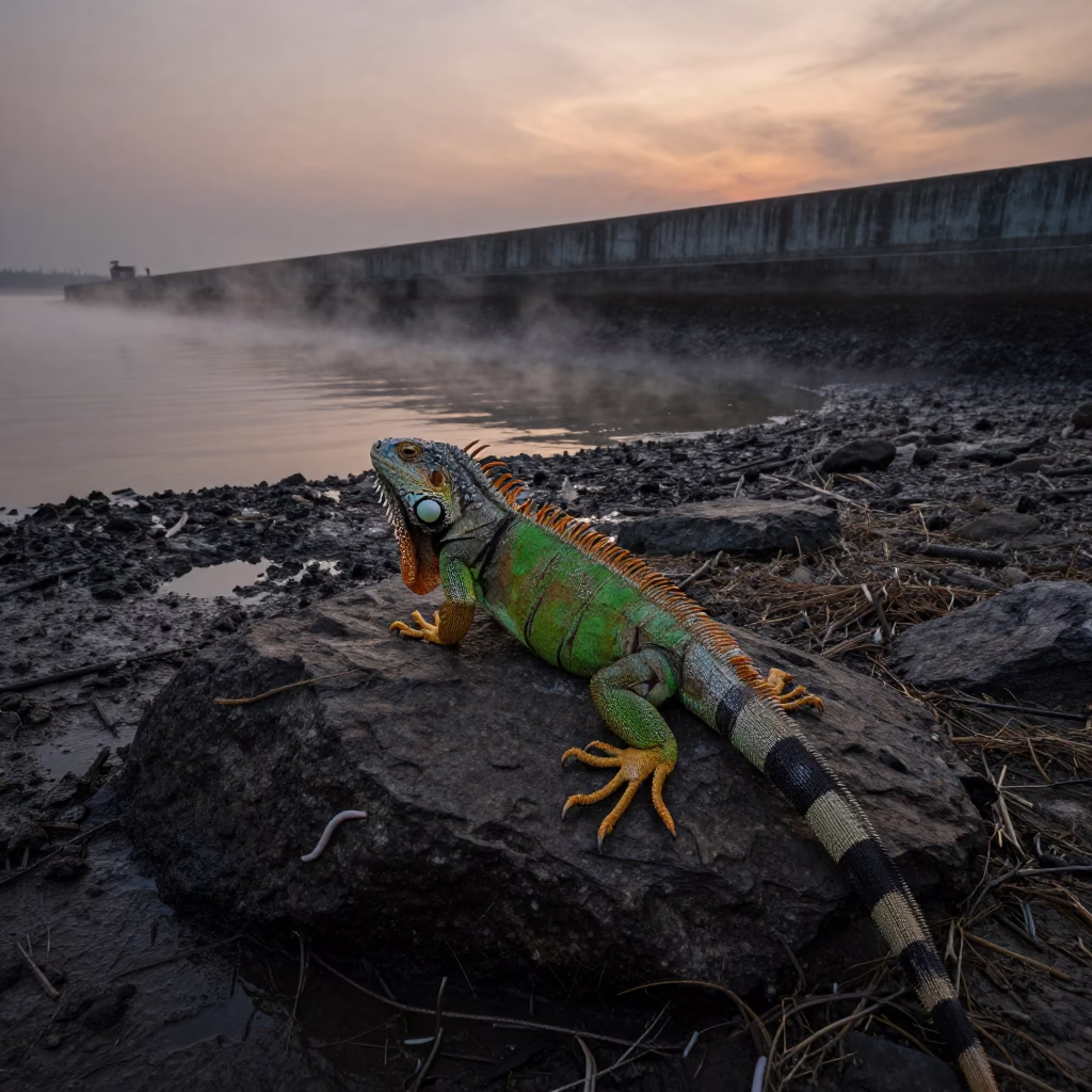 Iguana Sunning Rock Bangkok Inlet Twilight in beside a tidal inlet near Charoen Krung, Bangkok