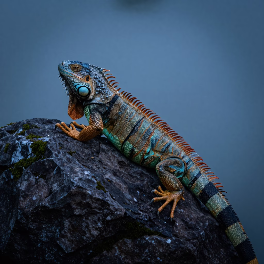 Emerald Iguana Sunning on Rock in Cholon Evening in near Cholon, Ho Chi Minh City