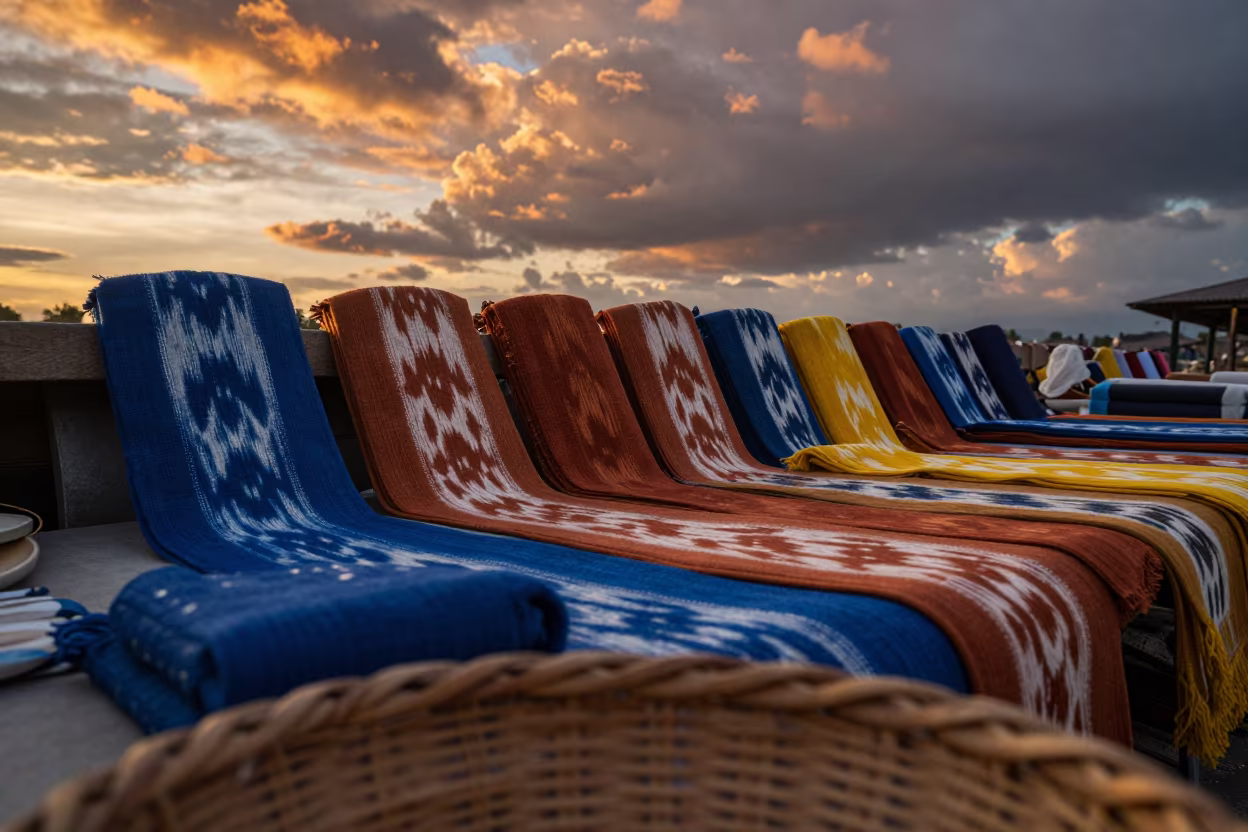 Ikat Fabric Rolls Sunset Market Stall in at a market stall in Lecce