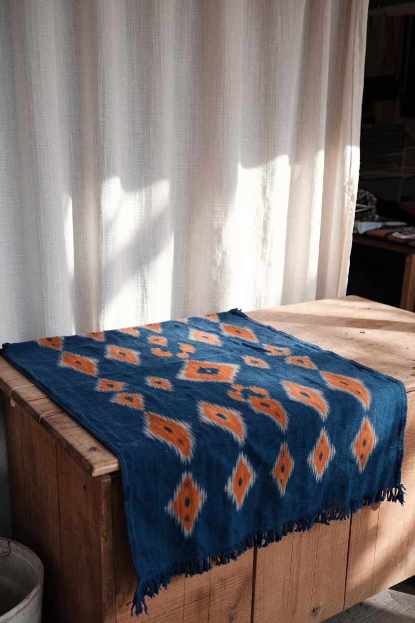 Ikat Fabric on Tbilisi Market Shelf in at a market stall counter in Abanotubani, Tbilisi