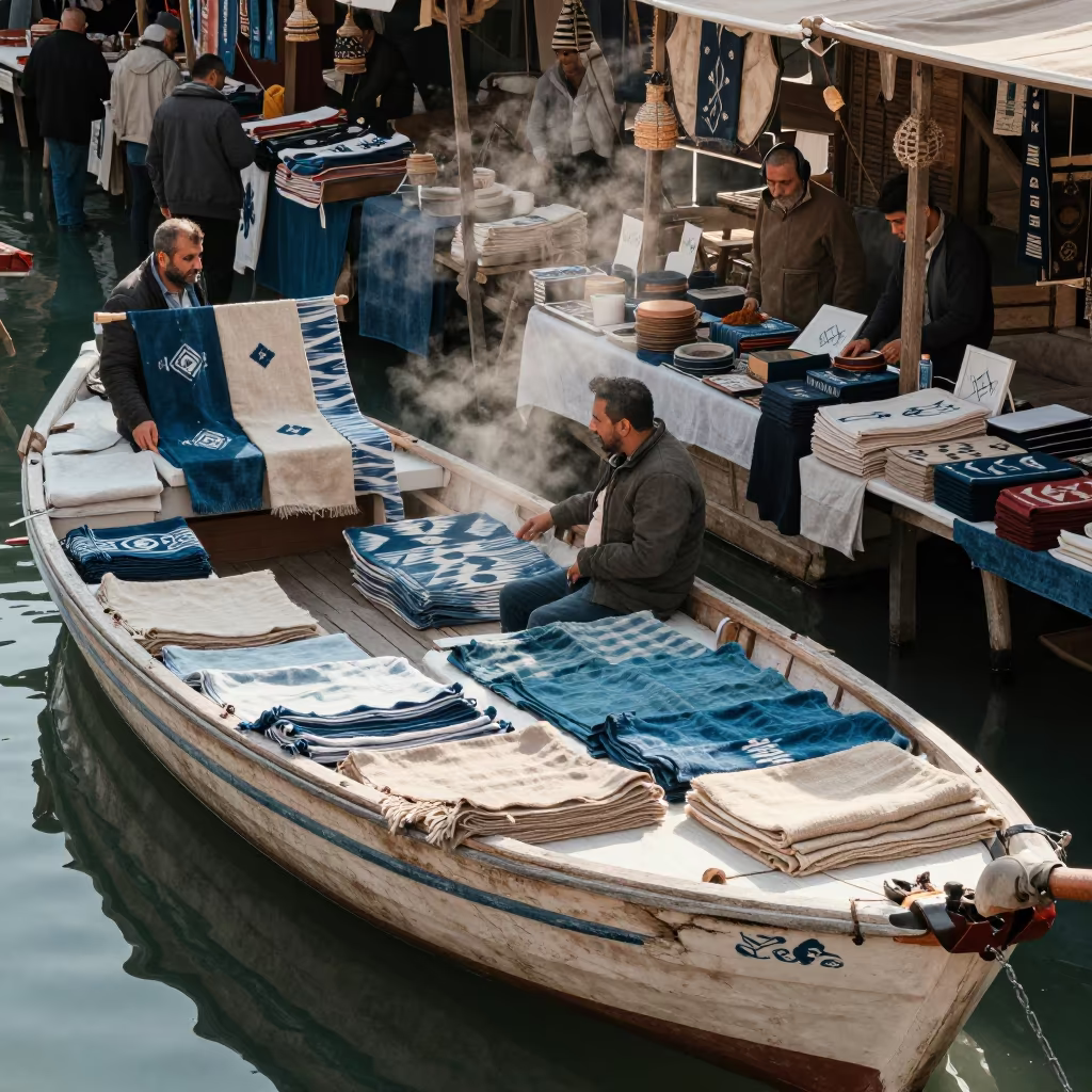 Ikat and Linen Textile Market on Floating Boat in at a floating market boat in Nazareth
