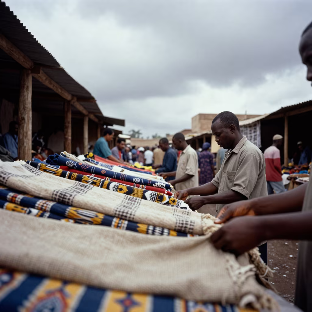 Ikat and Linen Textiles at Ndjamena Flower Auction in at a flower auction bench in Ndjamena