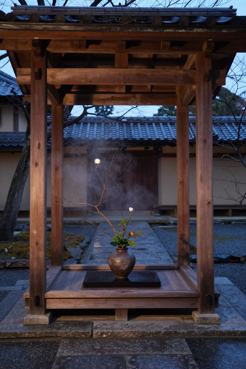 Ikebana in Gion Temple Alcove Twilight in in a temple courtyard in Gion, Kyoto