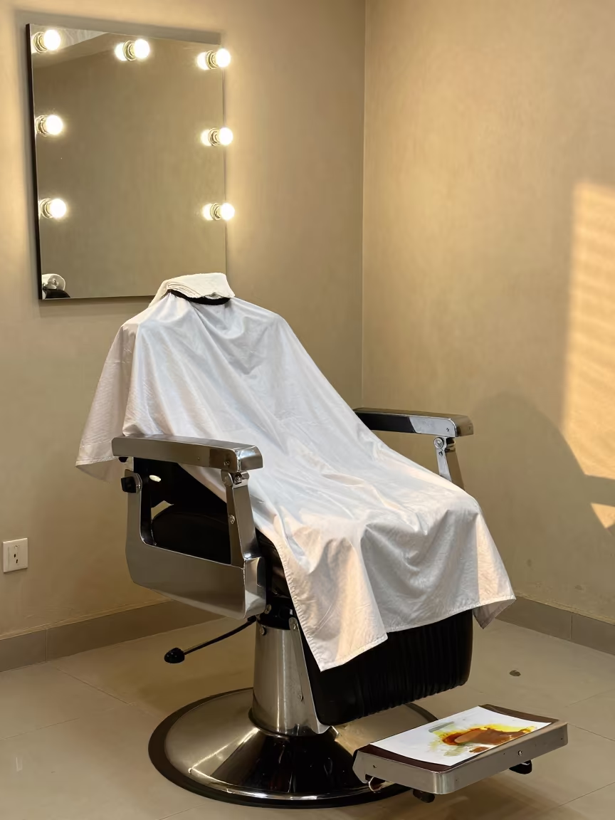 Ikeja Barber Station with Robe and Laundry Sheet in at a barber station beneath mirror bulbs in Ikeja