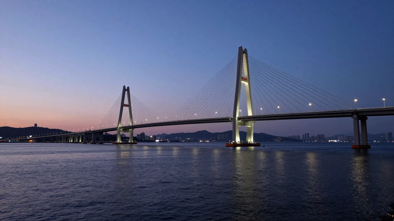 Illuminated Cable-Stayed Bridge Over Seoul Harbor at Dusk with City Skyline in in Seoul, South Korea