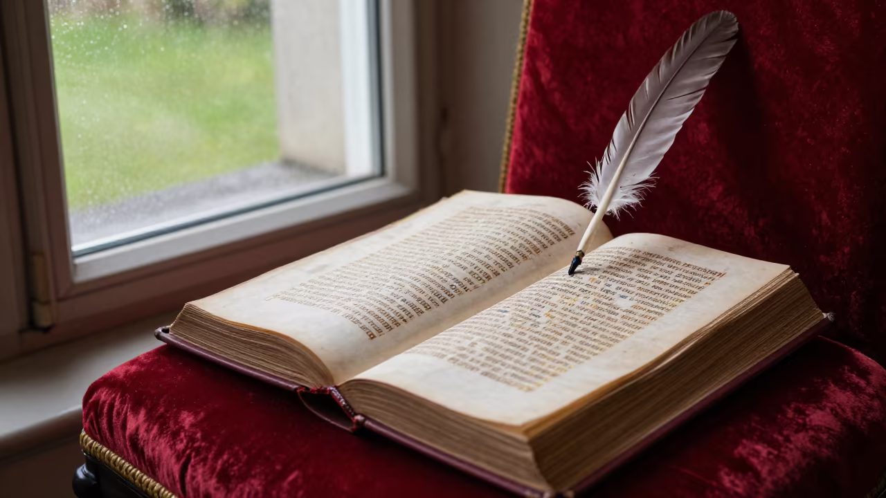 Illuminated Manuscript on Velvet Chair Belfast in on a velvet chair in Belfast